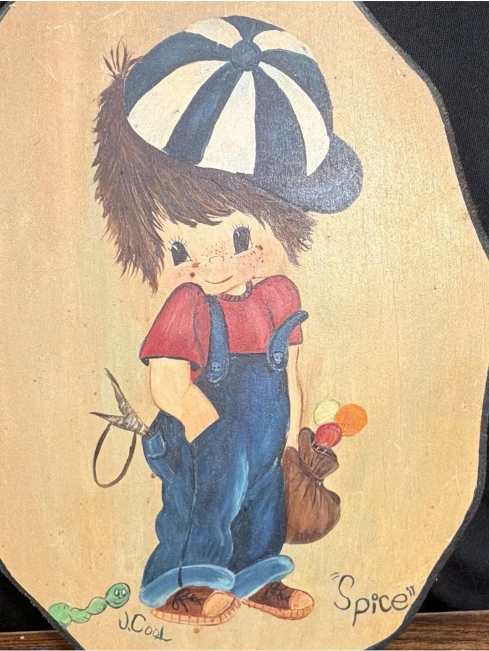 Vintage 70-‘80’s Hand-Painted Wood Plaque Set Big Eyes Kids Sugar & Spice 10x7